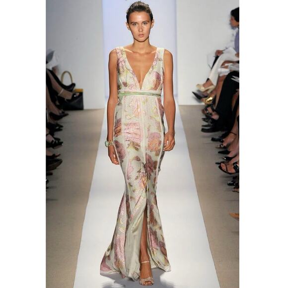 Dennis Basso Metallic Floral Plunge Gown Maxi Dress Formal Runway Evening Sz S - Picture 1 of 9